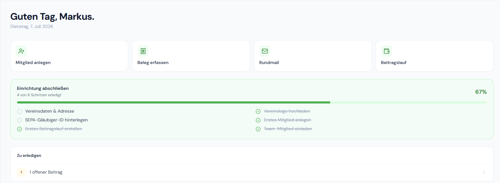 CLUNIQ – Dashboard mit Schnellaktionen, Kennzahlen und Aufgaben