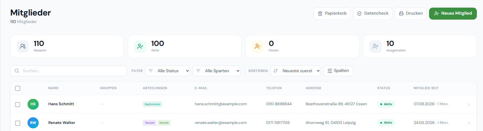 CLUNIQ Manager – Mitgliederliste: 110 Mitglieder gesamt, 100 aktiv, 0 passiv, 10 ausgetreten, darunter die Liste mit Abteilungen und Status