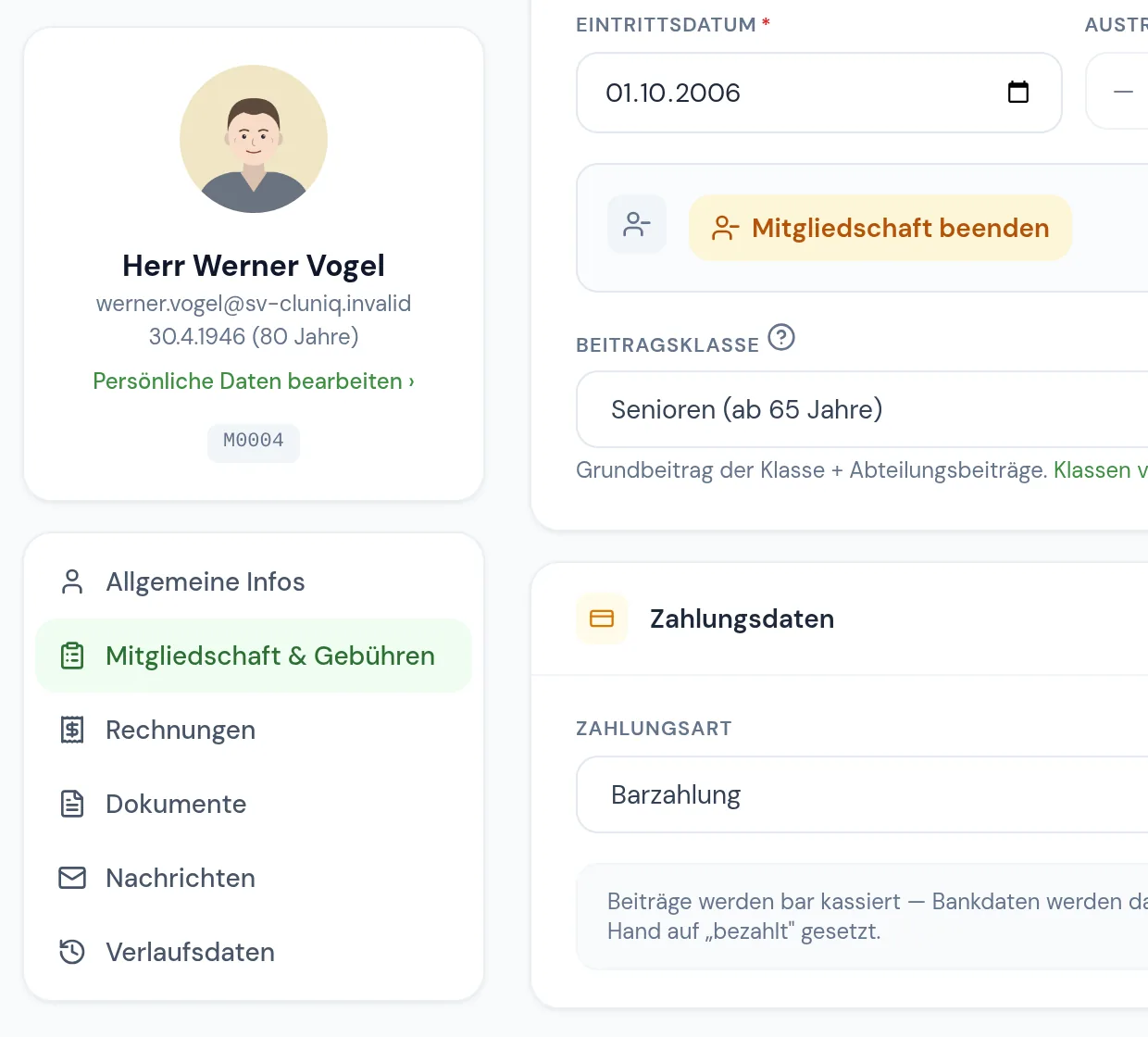 Mitgliederakte mit Foto, Reitern, Eintrittsdatum und Beitragsklasse im Beispielverein