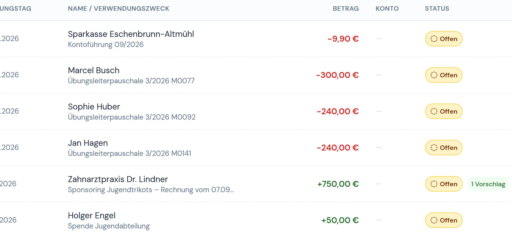 Bankumsätze mit Vorschlägen für die Zuordnung