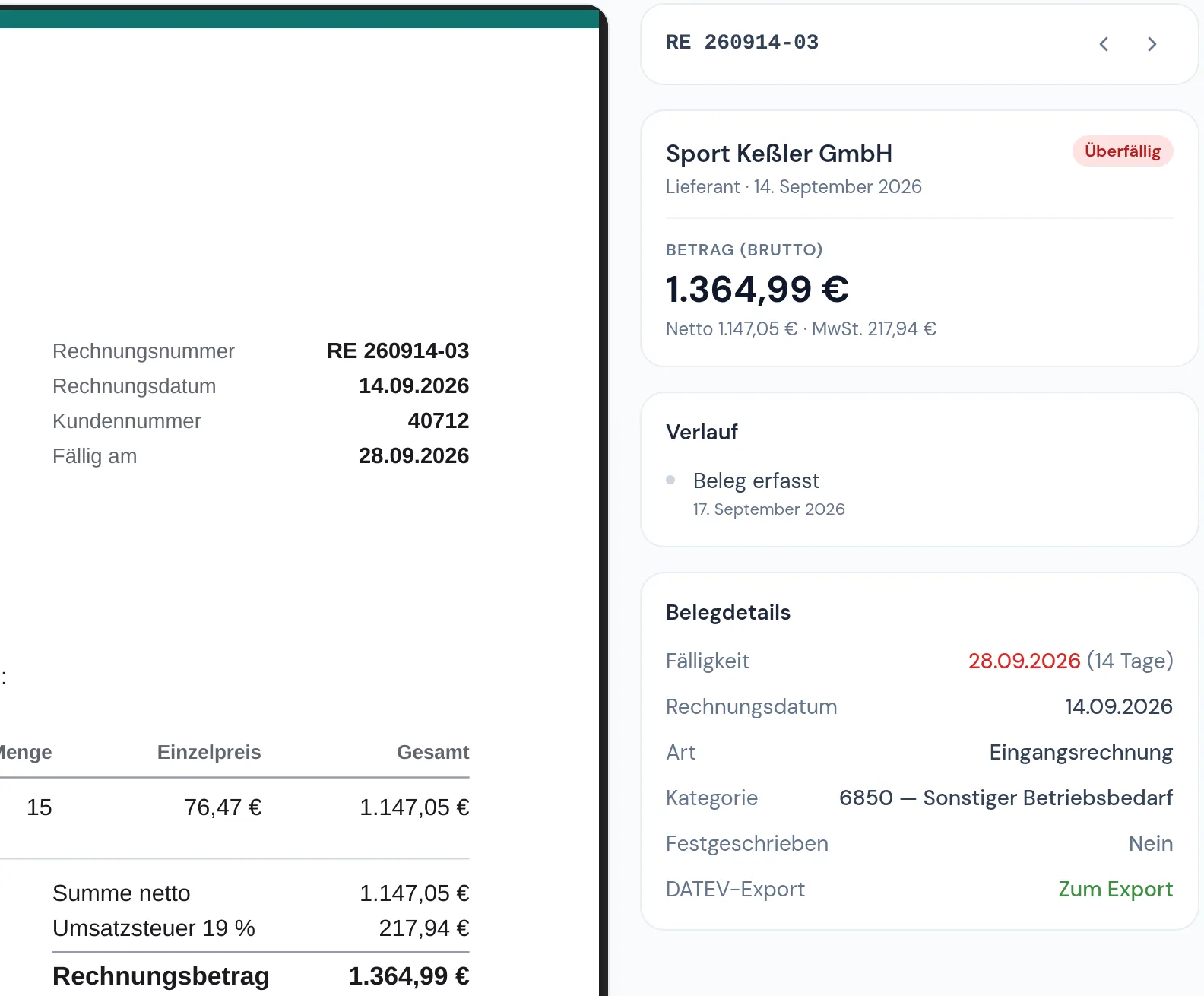 Ausschnitt der Belegerfassung mit Rechnungsbetrag, Datum und Belegdetails