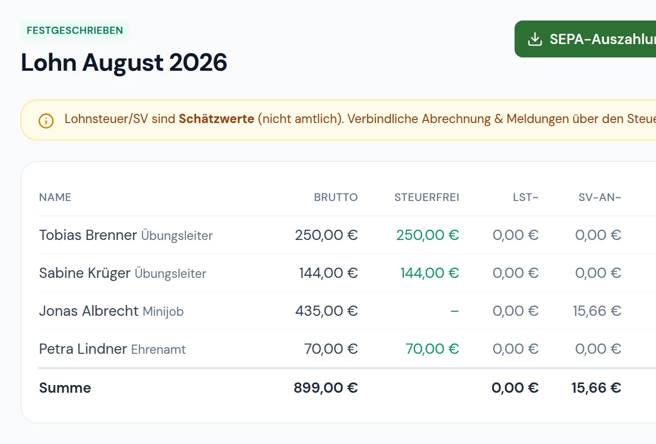 Festgeschriebener Lohnlauf August 2026 mit Übungsleitern, Minijob und Ehrenamt und SEPA-Auszahlung