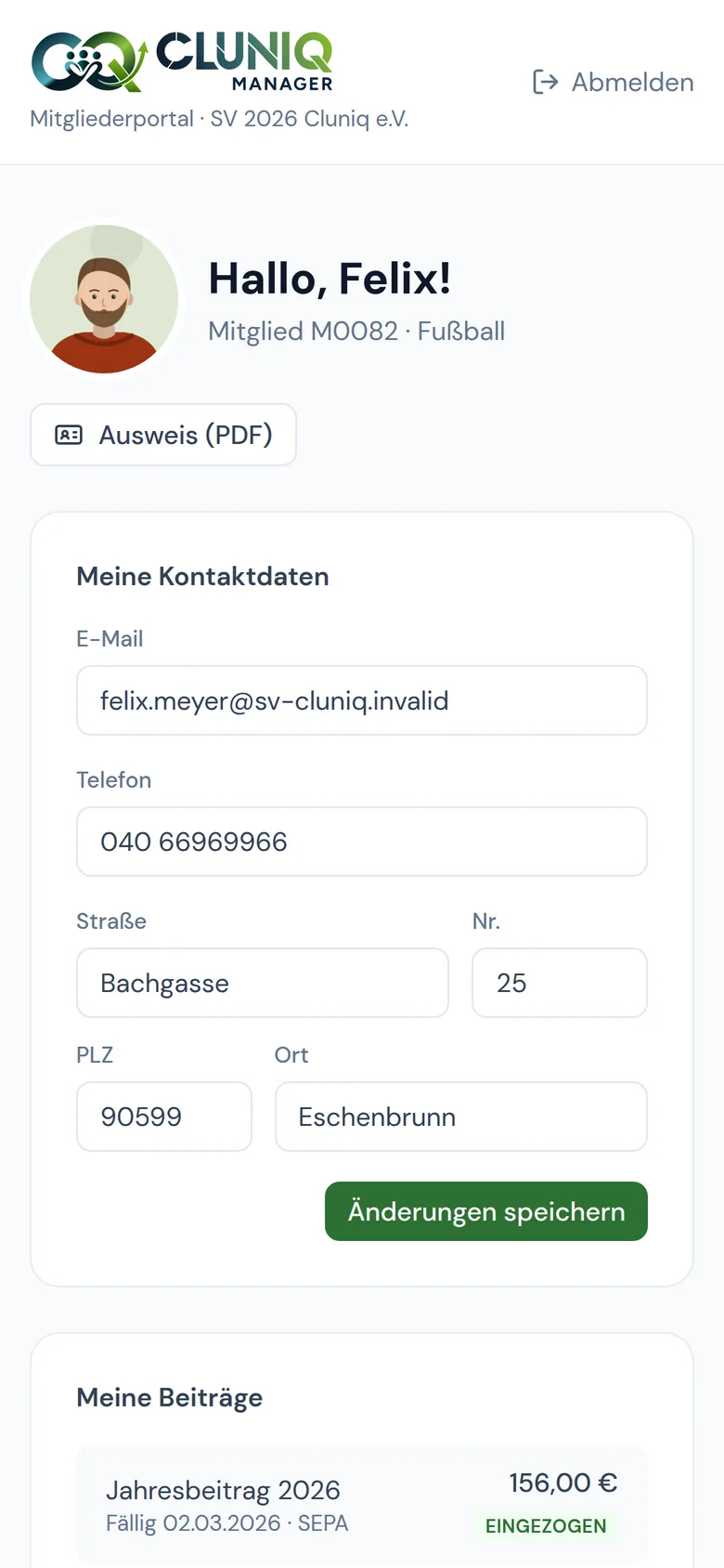 Das Mitgliederportal auf dem Telefon: Begrüßung, Ausweis als PDF, eigene Kontaktdaten und Beiträge