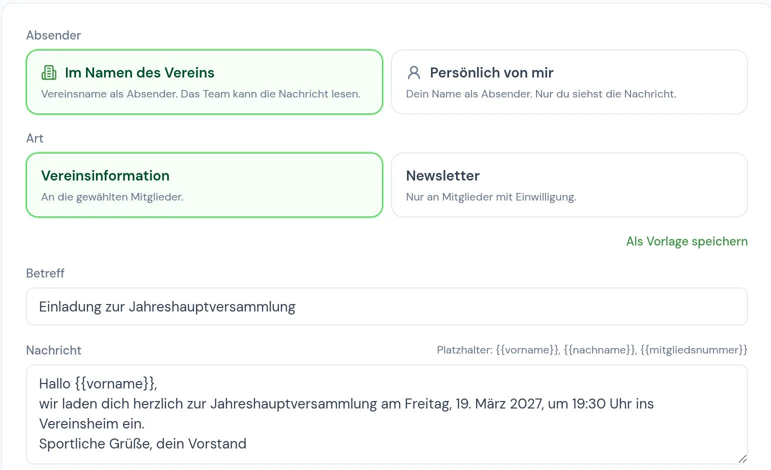 Eine Rundmail im Namen des Vereins: Einladung zur Jahreshauptversammlung mit Platzhalter für den Vornamen