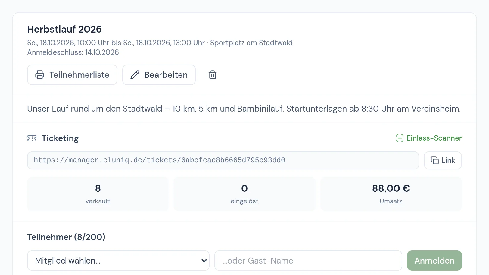 Die Veranstaltung Herbstlauf 2026 mit Ticketverkauf, Teilnehmerzahl und öffentlichem Link