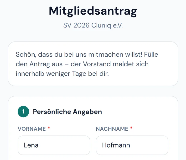 Ausschnitt des Online-Mitgliedsantrags mit Feldern für Vor- und Nachname