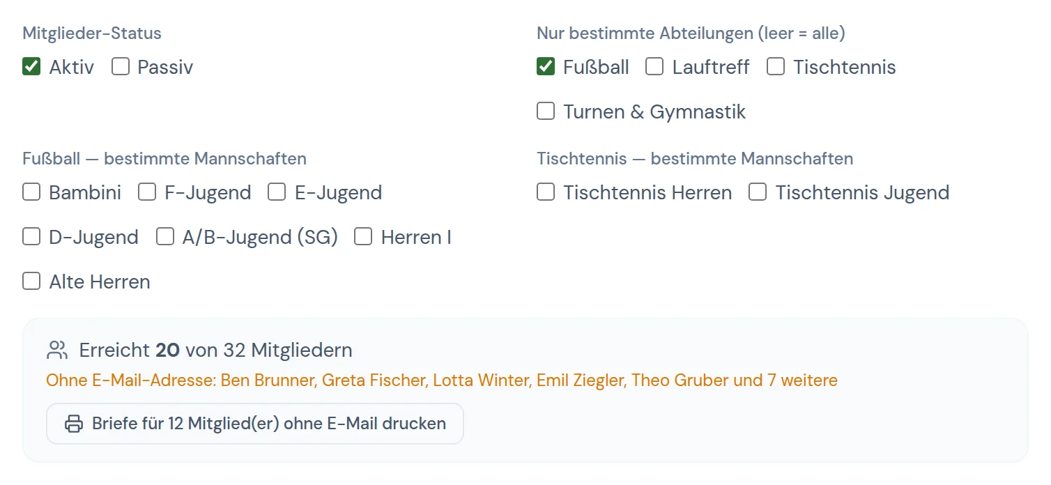 Empfängerauswahl nach Status, Abteilung und Mannschaft mit der Zahl der Erreichten
