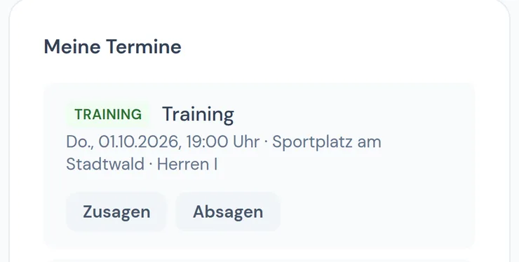 Ein Training im Mitgliederportal mit Zusagen und Absagen