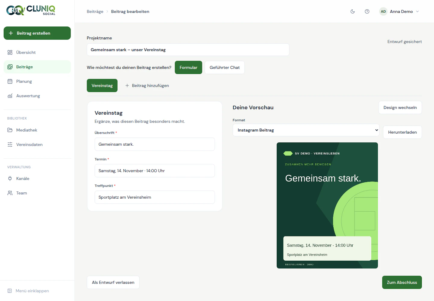 Originaleditor mit Live-Vorschau und Eingabefeldern. Inhalte sind Demodaten.