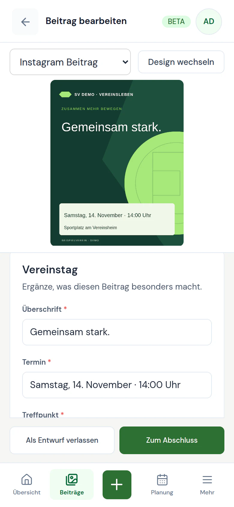 SOCIAL im mobilen App-Layout mit Vorschau oben, Bearbeitung darunter und Hauptnavigation am unteren Rand. Demoansicht.